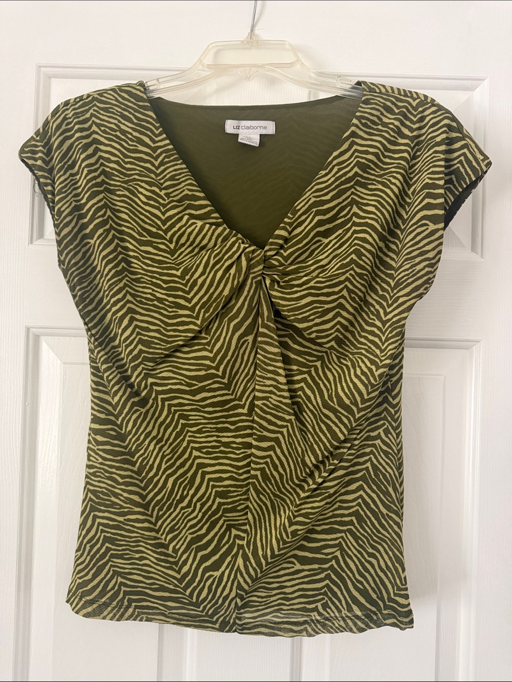 Liz Claiborne Olive and Black Zebra-Print Twist Front Cap Sleeve Top